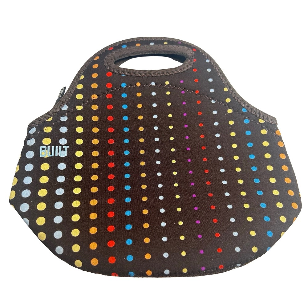 BUILT NY Gourmet Getaway Neoprene Lunch Tote Brown Rainbow Polka‎ Dot